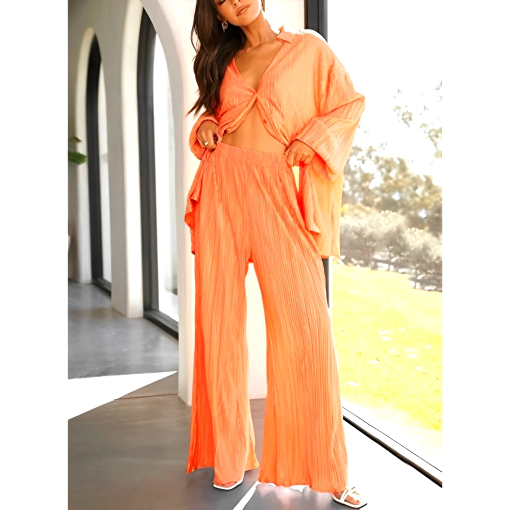 Women's Peach Pleated Button Down Top & Pants Set